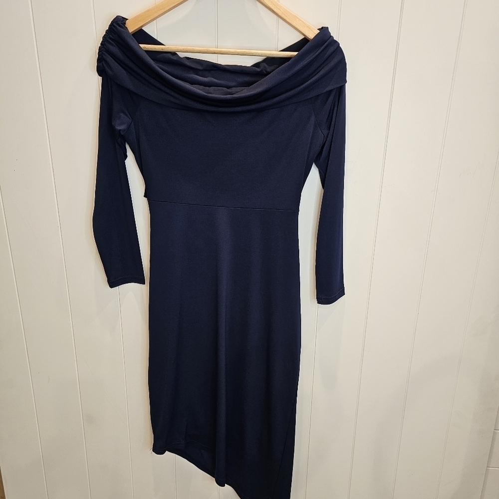 Sam Edelman Off the Shoulder Long Sleeve Midi Body-Con Dress Women's Size 6 Navy - Picture 9 of 13